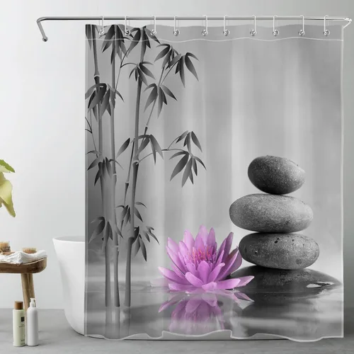 Miniatura 16 de LB Cortina de ducha de spa Zen azul y gris, piedra de bambú gris con flor de lirio de agua azul, cortina de ducha moderna para spa, decoración