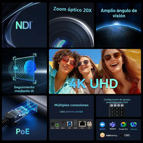Miniatura 2 de TONGVEO 4K NDI Cámara PTZ con seguimiento automático AI 20X Zoom óptico HDMI Transmisión en vivo IP SDI USB3.0 PoE LAN Soporta para adoración