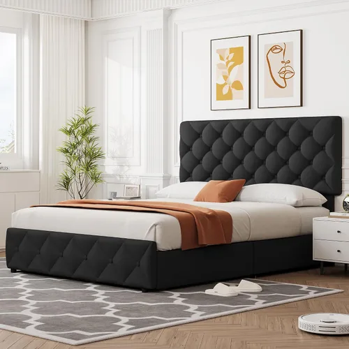 Miniatura 3 de IDEALHOUSE Base de cama de tamaño matrimonial con 4 cajones de almacenamiento y cabecera ajustable, camas de plataforma tapizadas con tapizado