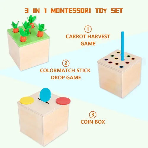 Miniatura 2 de Juguetes Montessori de madera para regalos de bebé de 1, 2 y 3 años, la caja del kit de juego incluye juegos de cosecha de zanahorias, caja