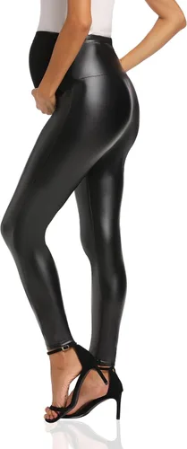 Miniatura 2 de Foucome Leggings de maternidad de piel sintética de cintura alta, elásticos y cómodos, mallas sobre el vientre