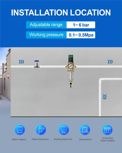 Miniatura 7 de Regulador de presión de agua, con filtro de sedimentos giratorio y medidor para el hogar, 50 micras, MNPT de 1.25 pulgadas + 1 pulgada FNPT + 1