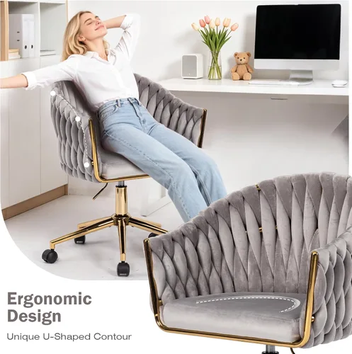 Miniatura 6 de Silla de Oficina de Terciopelo con Respaldo Tejido a Mano, Sillas de Escritorio de Tocador con Ruedas Doradas, Silla de Escritorio Giratoria