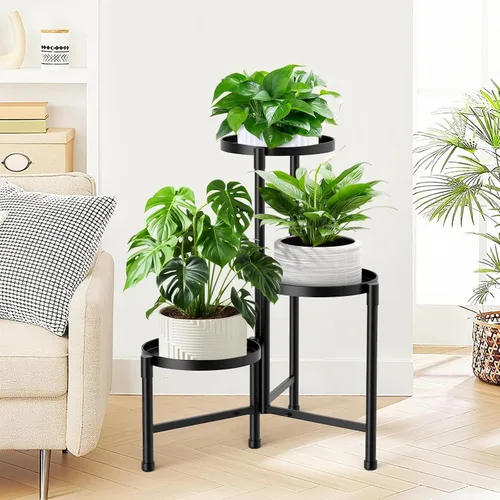 Miniatura 9 de Soporte esquinero de 3 niveles para plantas para interiores y exteriores, estante de metal para plantas con bandeja de 10 pulgadas de ancho, soporte