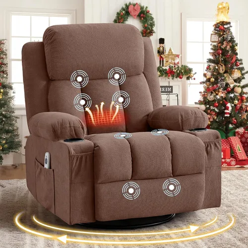 Miniatura 10 de Silla reclinable giratoria con masaje por vibración y calor, reclinable de 150° y balanceo suave, capacidad de 350 libras con bolsillo lateral