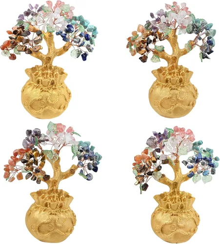 Miniatura 3 de mookaitedecor Árbol de dinero de cristal de 7 chakras con base de bolsa de dinero dorada, adorno de bonsái de árbol de Feng Shui para decoración