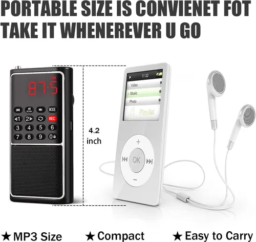 Miniatura 8 de Leting Radio portátil con altavoz MP3, radios FM portátil, soporte de radio FM, tarjeta TF/USB/grabación de música, mini radio con batería Negro