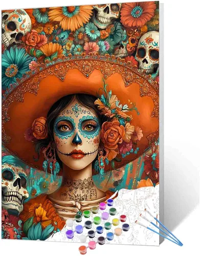 Miniatura 20 de Pintura por números para parejas tomadas de la mano, para adultos, principiantes, Día de los Muertos, Esqueleto, Pintura por números sobre lienzo