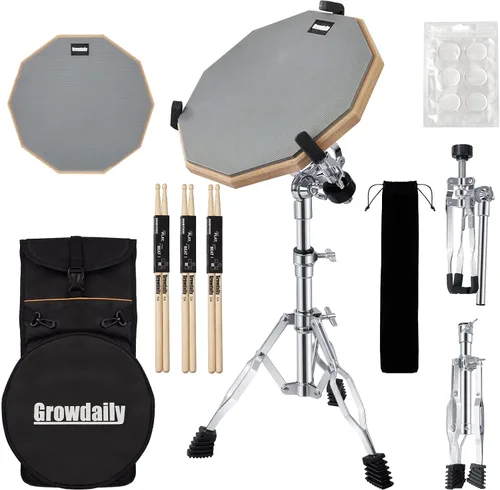 Miniatura 8 de GrowDaily Juego de Soporte para Pad de Práctica de Batería Tambores Snare de 12 Pulgadas con Pad de Tambores Silencioso de Doble Cara, Gel Gris