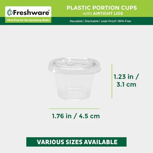 Miniatura 3 de Freshware Vasos de Plástico para Porciones con Tapas [1 Onza, 100 Juegos] Vasos de Plástico Desechables para Preparación de Comidas, Aderezo