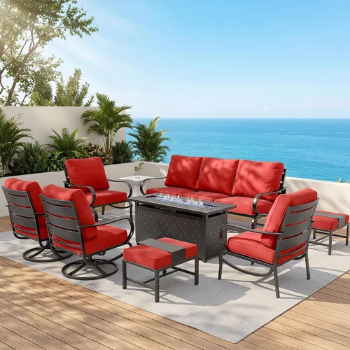 Miniatura 51 de MFSTUDIO Juego de 4 piezas de conversación para patio, marco de metal para todo tipo de clima, muebles de exterior con 1 mesa rectangular de propano