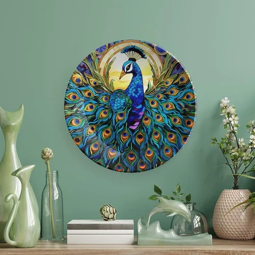 Miniatura 5 de Platos decorativos bohemios de pavo real con estampado de vitrales, platos de cerámica para decoración del hogar, exhibición de platos llanos