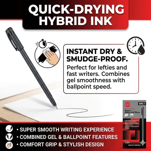 Miniatura 2 de WM Super Semi-Gel Bolígrafos 0.7, bolígrafo de gel de escritura suave + tinta de secado rápido del bolígrafo, negro, paquete de 12
