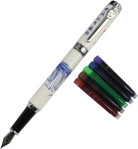 Miniatura 7 de Gullor Jinhao 950 Caballo de porcelana azul y blanco con caja de regalo y cartuchos de tinta