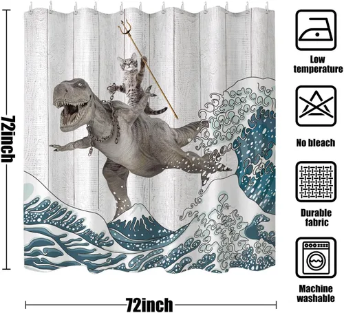 Miniatura 7 de Fungarth - Cortina de ducha divertida con gatos y dinosaurios, cortina de ducha con olas marinas para baño, tela impermeable y fresca, cortina