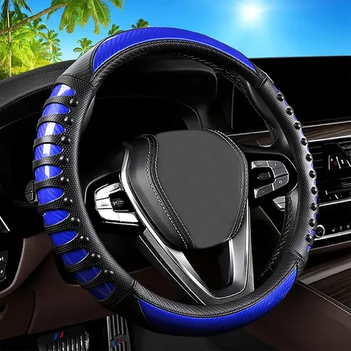 Miniatura 21 de Funda universal para volante de automóvil con masaje 3D, 14.5-15 pulgadas, fundas de cuero de fibra de carbono negras, transpirables
