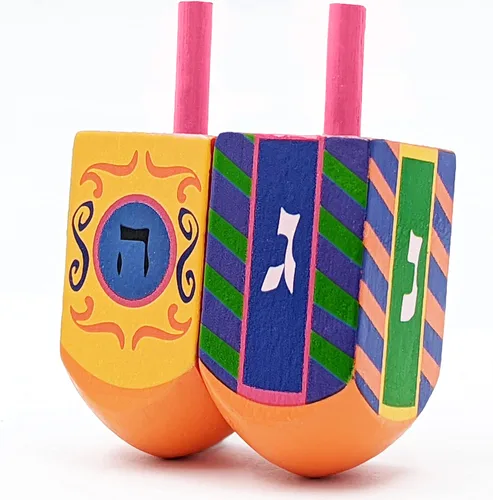 Miniatura 13 de The Dreidel Company Dreidels de Hanukkah de madera pintada a mano, extra grande, paquete de 10 diseños retro Dreidel 2-Multicolor