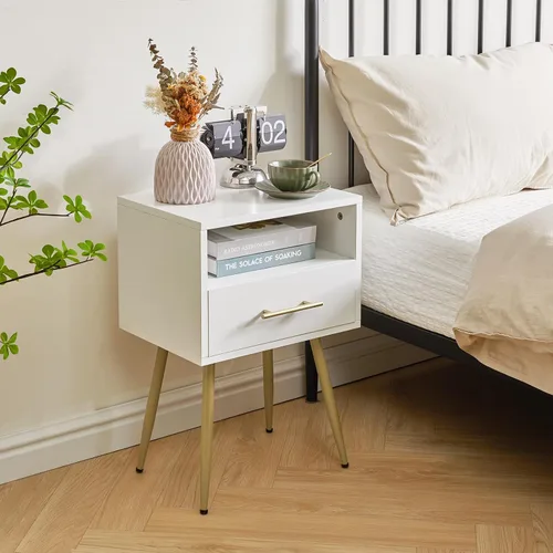 Miniatura 5 de IBUYKE Mesita de noche, mesita de noche moderna de mediados de siglo, mesita de noche con cajones y estante de almacenamiento abierto, mesa auxiliar