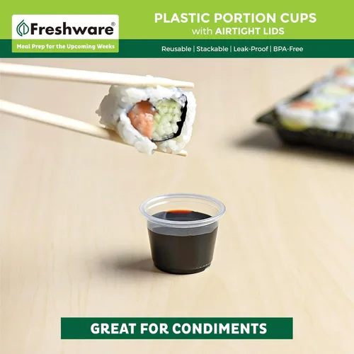 Miniatura 4 de Freshware Vasos de Plástico para Porciones con Tapas [1 Onza, 100 Juegos] Vasos de Plástico Desechables para Preparación de Comidas, Aderezo