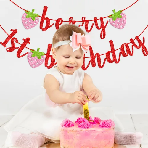 Miniatura 5 de Banner de primer cumpleaños de bayas, pancarta de fresa con purpurina, decoración de primer cumpleaños (rojo)