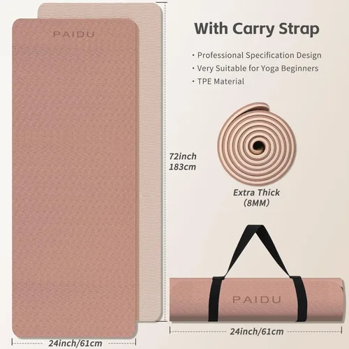 Miniatura 7 de PAIDU Yoga Mat 8mm Super Thick TPE Fitness Mat SGS Certified Non-Slip, Odorless & Tear-Resistant Unisex with Strap for Yoga, Pilates, Marrón