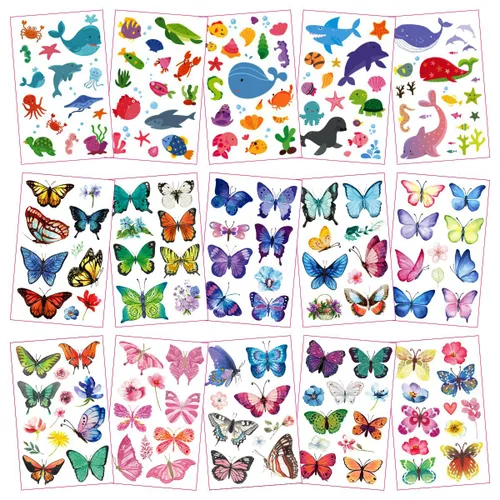Miniatura 4 de 30 hojas (360 piezas) mariposas, sirena, animales marinos, tatuajes temporales impermeables para niños, tatuajes de dibujos animados de estilos