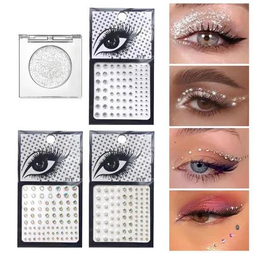 Sombra de ojos con purpurina plateada y 3 piezas de gemas faciales en barra, sombra de ojos y joyas para el cabello, diamantes de imitación para el