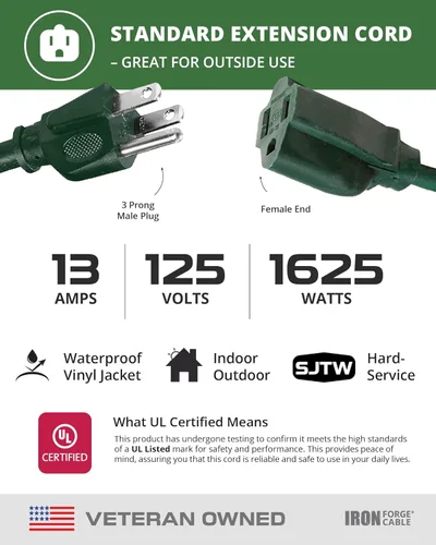 Miniatura 3 de Iron Forge Cables Extensión de cable para exteriores – 16/3 de alta resistencia color verde, Verde, IFC-163G50