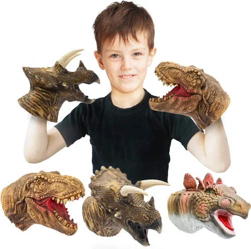 Yolococa Marionetas de mano de dinosaurio, juego de marionetas de animales de látex de 3 piezas con T Rex, triceratops y estegosaurio para contar