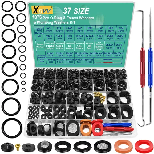 XBVV 37 Tamaño 1075 Piezas Kit de Arandelas de Grifo y Juntas Tóricas & Juntas de Fontanería 3-en-1 Kit Universal de Arandelas de Goma para