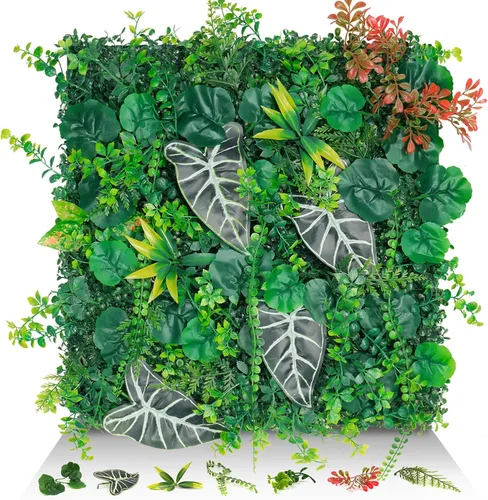 Miniatura 8 de Paneles de pared de césped de 20 x 20 pulgadas, 16 piezas de fondo de vegetación artificial con hojas resistentes a los rayos UV, decoración