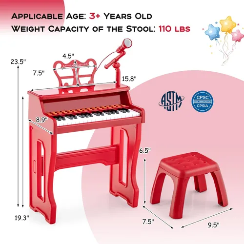 Miniatura 3 de HONEY JOY Piano para niños, piano de teclado rojo de 37 teclas para niños con soporte de música y banco, regalo para bebés con micrófono