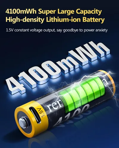 Miniatura 8 de Paquete de 4 baterías AA recargables USB C, batería de iones de litio de salida constante de 4100 mWh, 1.5 V, carga rápida de 2.5 horas