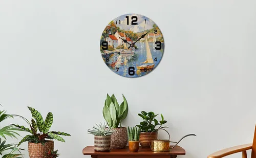 Miniatura 9 de Coastal Harbor Painting Wooden Wall Clock with Nautical Scene 25x25cm