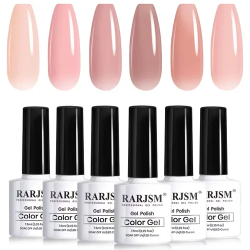 RARJSM Juego de Esmaltes de Gel Nude Colección Jelly Pink de 6 Colores Naturales Transparentes Rosa Translúcido Lechoso Malva Morado Marrón Claro