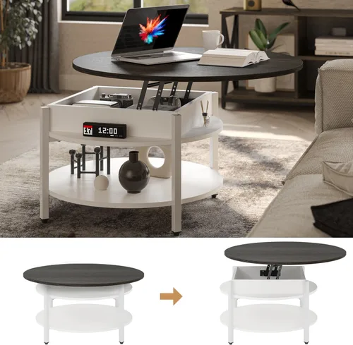 Miniatura 7 de FABATO Mesa de Centro Redonda con Tapa Elevable con Almacenamiento y Compartimento Oculto, 26.77'' Mesa de Centro Estilo Granja para Sala de Estar