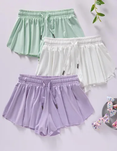 Miniatura 46 de Paquete de 3 pantalones cortos fluidos para niñas con forro de elastano, 2 en 1, faldas de mariposa para jóvenes, para fitness, correr, deportes