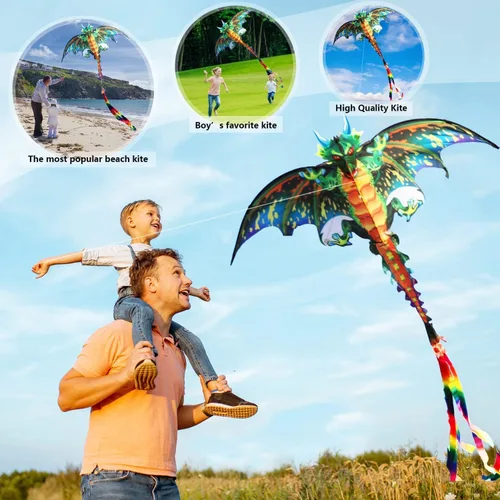 Miniatura 5 de eyijklzo Cometa de dragón verde hermosa y fácil de volar para niños y adultos con cola larga y colorida, accesorios fáciles de volar