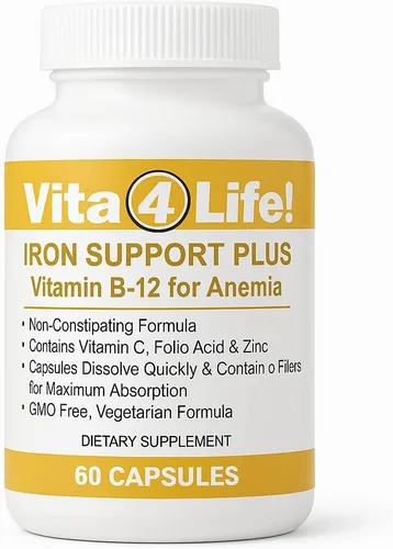 Vita4Life!® Suplemento de hierro para apoyo diario | Formulado para absorción | Suave con el estómago | Sin rellenos | con vitamina C y B12 |