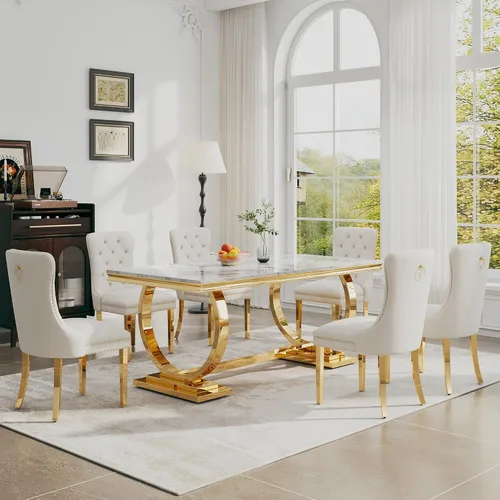 Juego de mesa de comedor de 7 piezas, mesa de cocina de lujo de mármol sintético blanco de 70 pulgadas y 6 sillas copetudas de terciopelo beige con