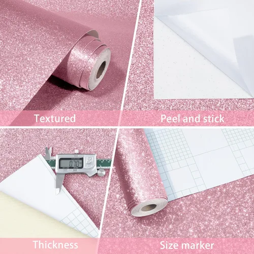 Miniatura 9 de WESTICK Papel tapiz rosa con purpurina para pegar y despegar, papel de contacto con purpurina rosa para armarios y cajones, papel tapiz removible