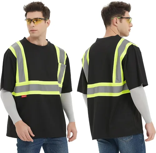 Miniatura 6 de ProtectX Camiseta de seguridad reflectante de manga corta de alta visibilidad, camisas de alta visibilidad transpirables resistentes para hombres