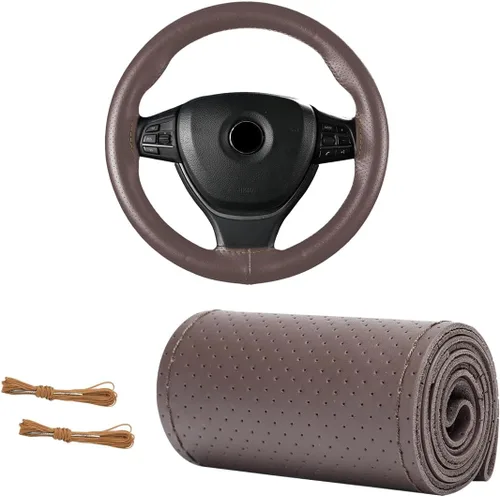 Miniatura 11 de Funda de Volante de Cuero Genuino, 15 Pulgadas, Transpirable, Funda de Volante Envolvente con Costura, Protector de Costura DIY Antideslizante