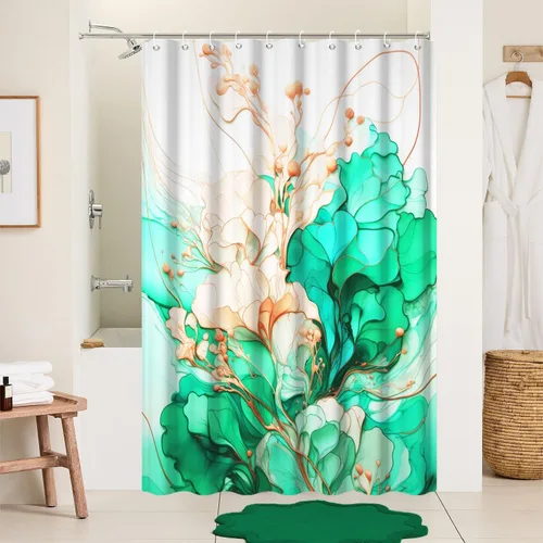 Miniatura 10 de Cortina de ducha con flores grises para baño, juego de cortina de ducha de mármol gris claro y blanco con ganchos, decoración floral abstracta