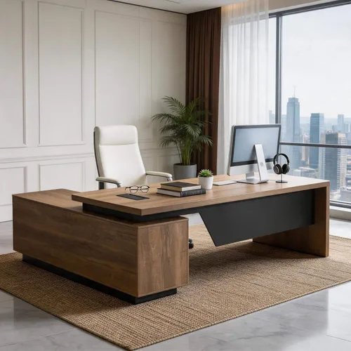 Miniatura 9 de Escritorio ejecutivo retráctil en forma de L, moderno escritorio de oficina con cajones de bloqueo y archivador, escritorio grande para computadora