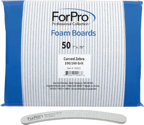 ForPro Professional Collection Zebra - Tabla de espuma curvada, grano 100/180, limas de uñas de manicura y pedicura de doble cara, 7 pulgadas de