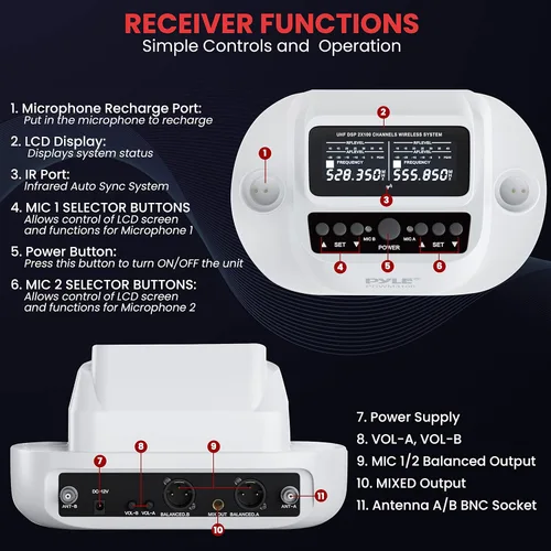 Miniatura 2 de Pyle Sistema de micrófono inalámbrico UHF - Receptor Bluetooth con 2 micrófonos de mano recargables, baterías de 1200 mAh, sonido claro