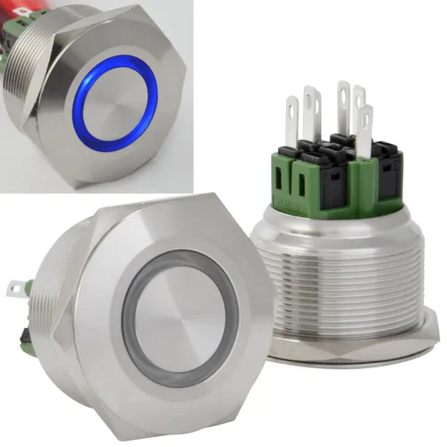 Miniatura 9 de JacobsParts Interruptor de arranque momentáneo de acero inoxidable plateado con LED azul para orificio de corte de panel de 1/2" (12 mm) de diámetro