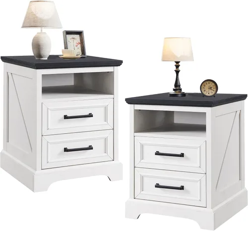 Miniatura 13 de ACCOHOHO Mesita de noche de 18" estilo granja con estación de carga, mesa auxiliar con 2 cajones de almacenamiento, mesa de cabecera, mueble