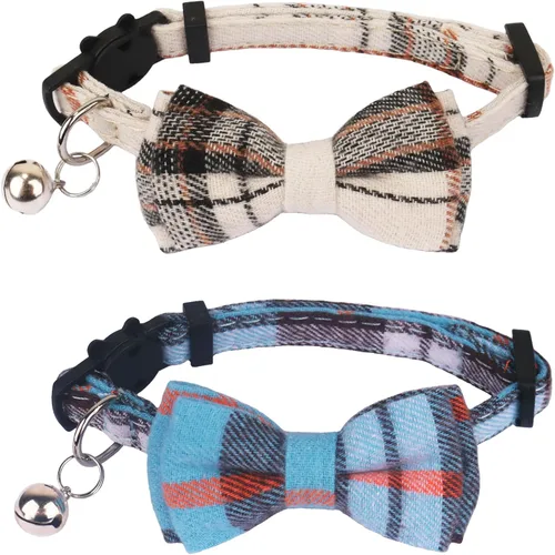 ADOGGYGO Collares de Gato a Cuadros Breakaway con Campana de Lazo, Corbata de Moño Extraíble, Paquete de 2 Collares de Lazo a Cuadros Beige Azul